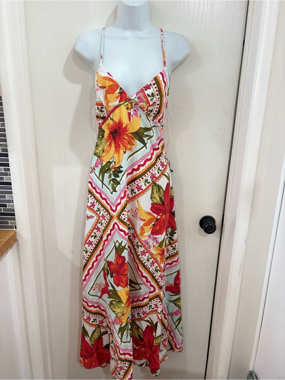 Spaghetti-Strap Floral Maxi Dress - White with Red & Yellow Bloom